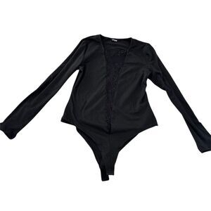 CHICME Women's Black Lace‎ Keyhole Bodysuit Top Long Sleeve Size L